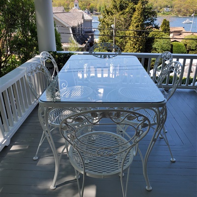 Complete set of outdoor Dinning table redone in white gloss powder coat for a house in Northport NY...Beautiful view by the way!